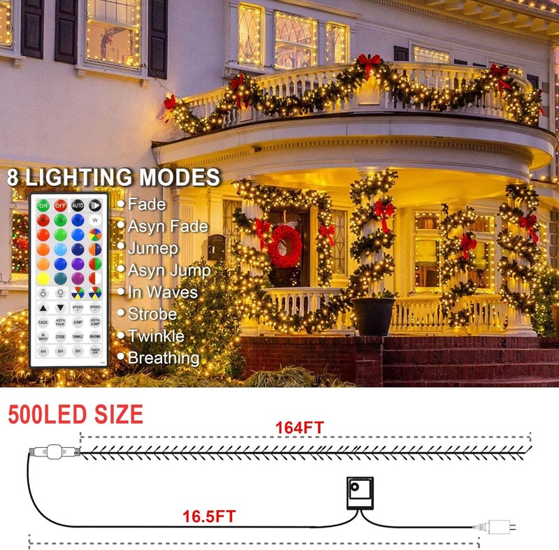 weillsnow 164 FT 500 LED Christmas String Lights, Waterproof RGB String Lights with Remote Control& Timer Function, 24 Colors Changing Fairy Lights for Indoor Outdoor Room Wall Christmas Tree Party Decoration - Image 3